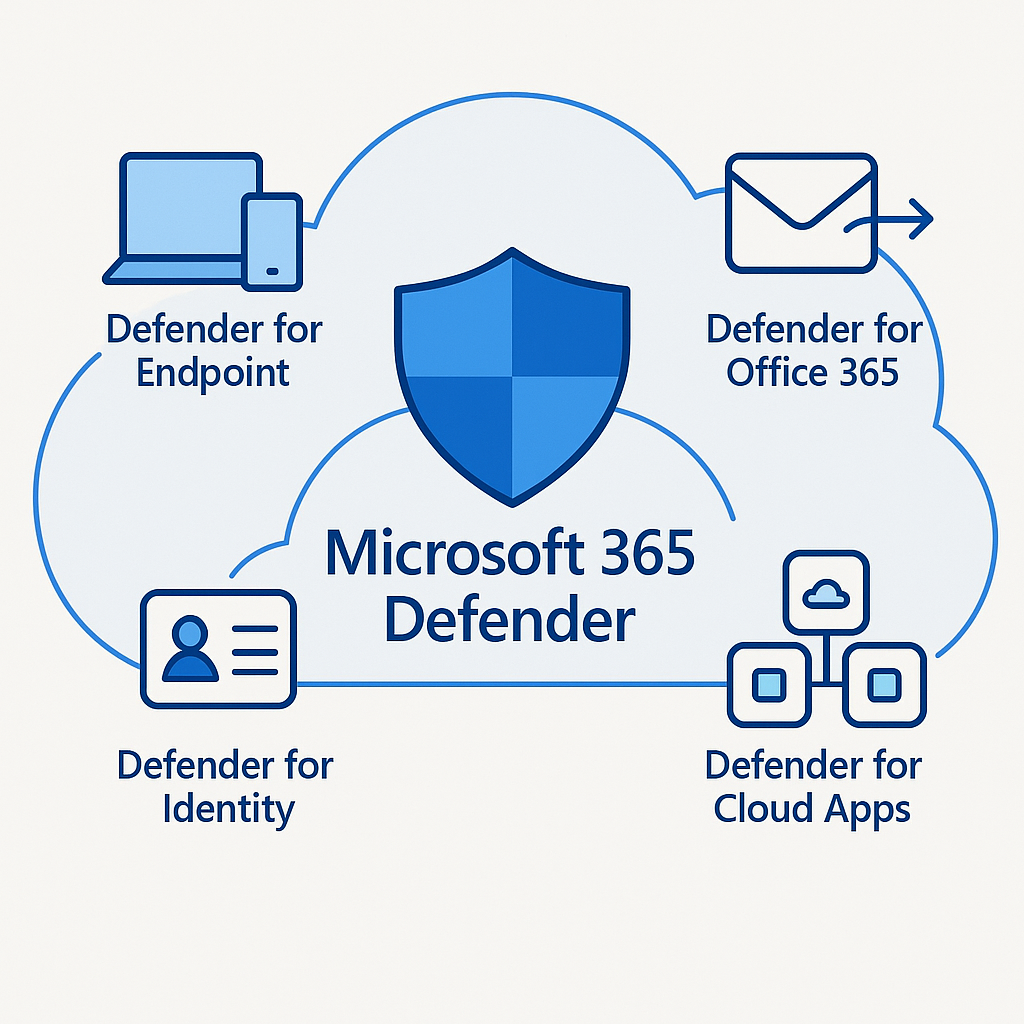 Diagram of Microsoft 365 Defender bringing together Defender for Endpoint, Defender for Office 365, Defender for Identity, and Defender for Cloud Apps